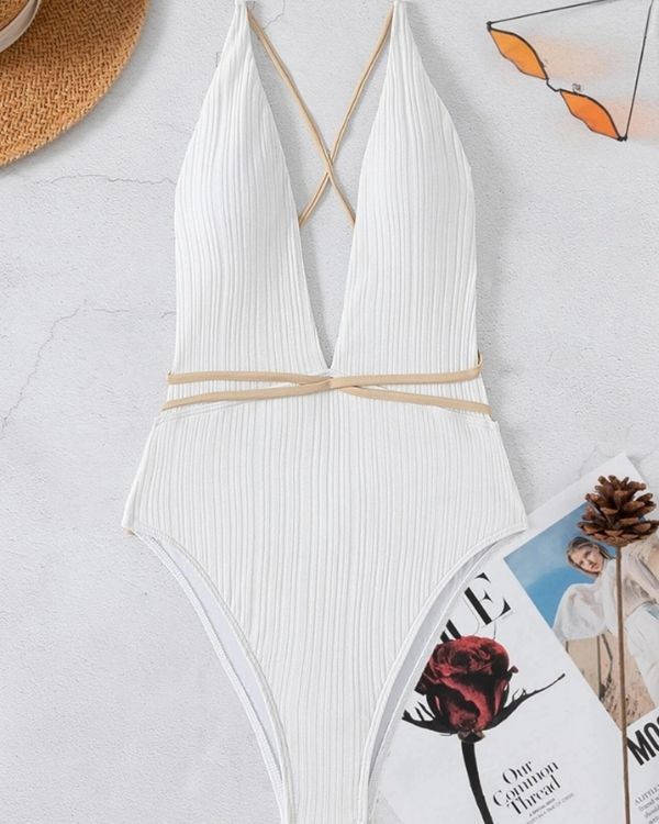 Weisses Damen Badekleid mit tiefem V-Ausschnitt und beigen Schnuerren - sexy und stillvoller Badeanzug Damen 