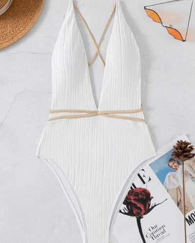 Weisses Damen Badekleid mit tiefem V-Ausschnitt und beigen Schnuerren - sexy und stillvoller Badeanzug Damen 