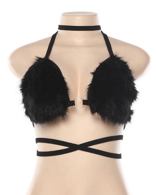 Schwarzes Fluffy Pluesch BH Crop Top mit Bandage Effekt