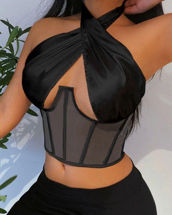 Sexy schwarzes Korsett Damen Top mit Neckholder zum binden