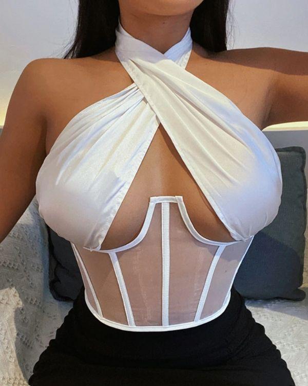 Weisses Neckholder Bandage Korsett Top mit Mesh und Satin Seide Stoff