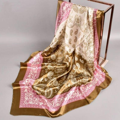 Goldenes Bandana Kopftuch mit Paisley Mustern - Rosa Goldes Kopftuch quadratisch aus Satin Seide