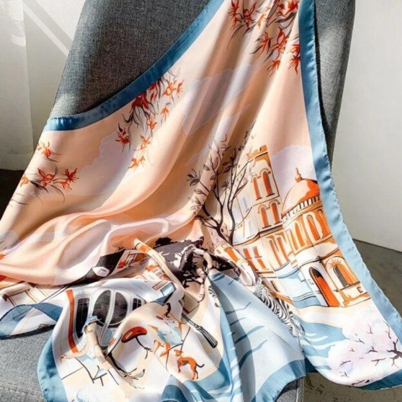 Seidentuch in idyllischen Farben mit Zeichnung im Italienischen Stil - Bandana Seidentuch Kopftuch Foulard 