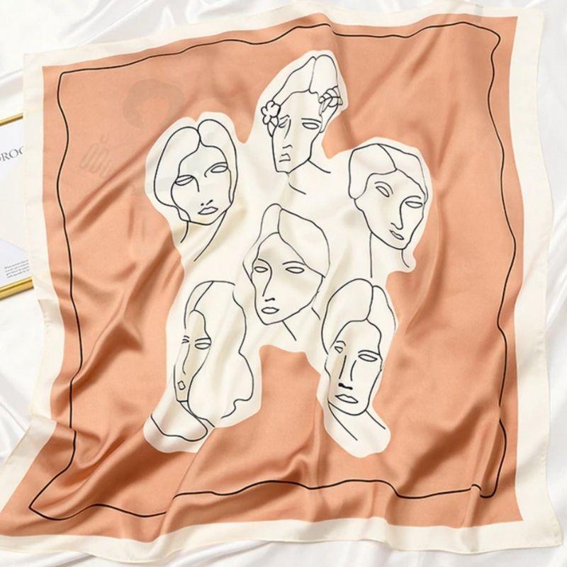 Satin Seide Bandana Tuch mit Face Skizzen Gesichter - Stylisches Kopftuch Halstuch aus Satin Seide