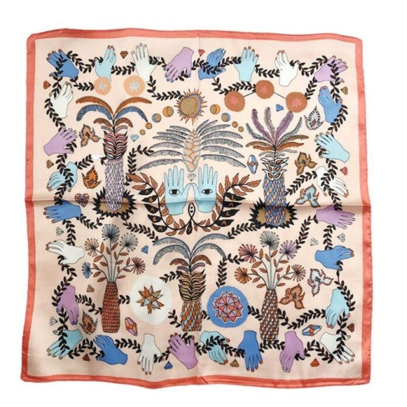 Quadratisches Tuch mit vielen spirituellen Symbolen wie Haende, Augen und Pflanzen - Vintage Retro Style Kopftuch, Foulard Halstuch und mehr