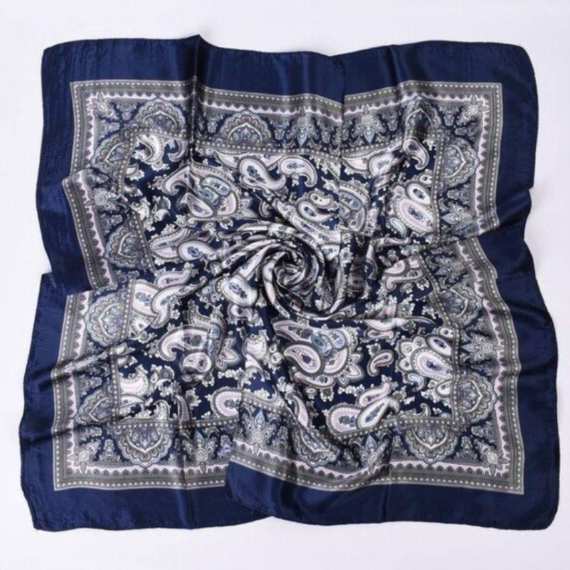 Dunkelblaues Satin Seide Bandana Paisley Foulard Tuch - Elegantes quadratisches Tuch
