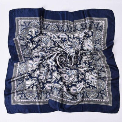 Dunkelblaues Satin Seide Bandana Paisley Foulard Tuch - Elegantes quadratisches Tuch