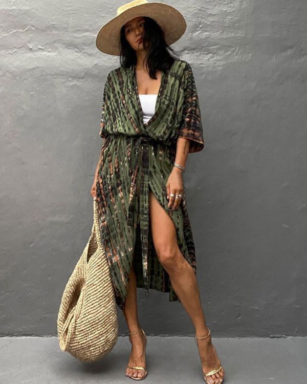 Dunkelgruener Damen Boho Kimono im Batik Tie Dye Look in braun gruen