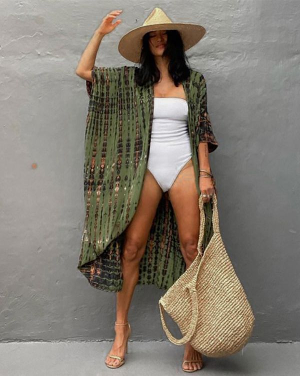 Luftig leichter gruener Damen Boho Kimono in gruen braun gemischt Batik Tie Dye