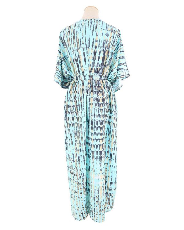 Tuerkis brauner langer Kimono mit Batik Tie Dye Mustern 