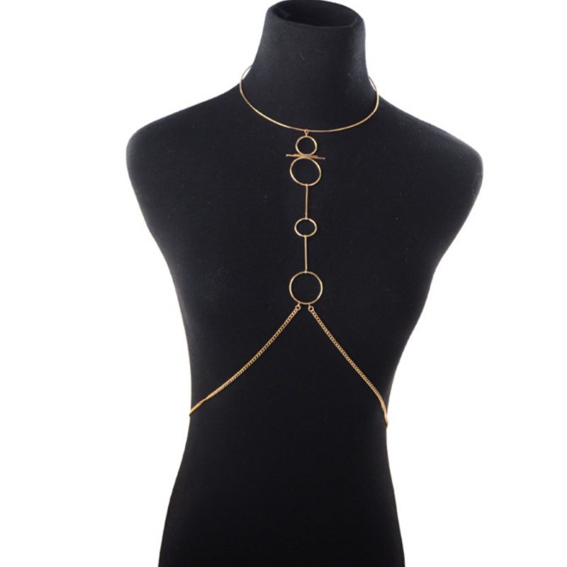 Goldene Bauch-Halskette mit Choker und Ringen in der Mitte der Brust - Boho Festival Schmuck