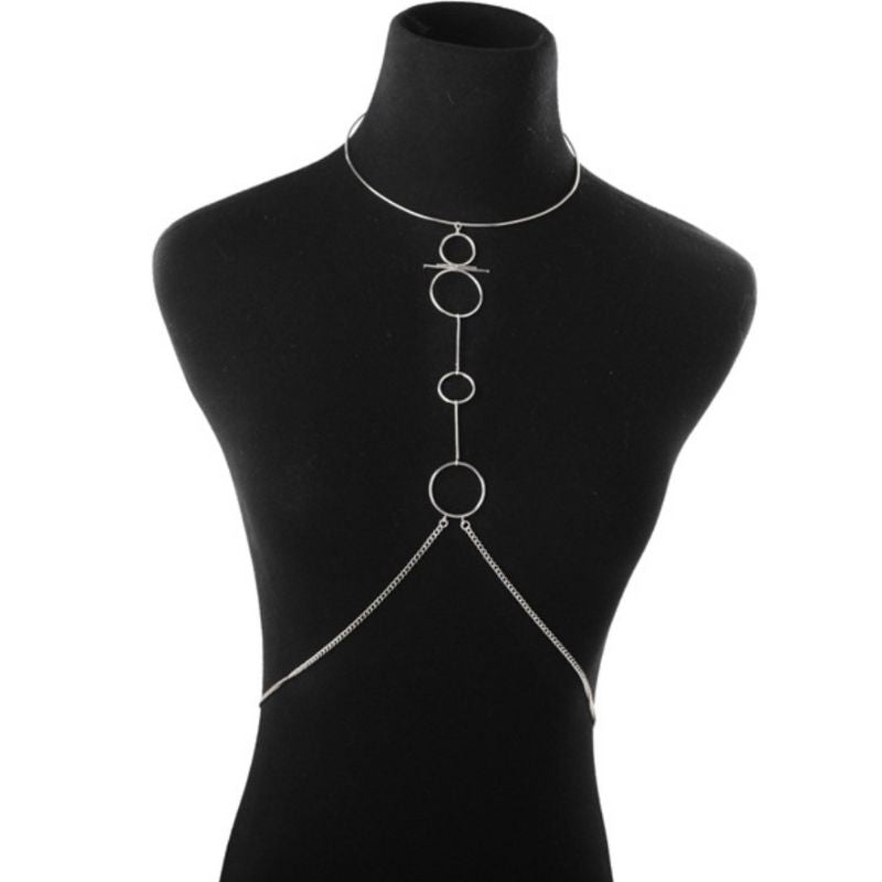 Silberner Boho Festival Körperschmuck Bauchschmuck Kette mit Ringen und Choker 