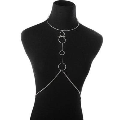 Silberner Boho Festival Körperschmuck Bauchschmuck Kette mit Ringen und Choker 