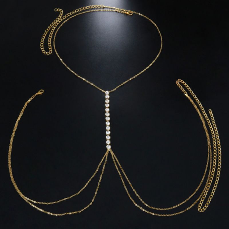 Goldene feine Bauchkette Koerperschmuck Taillenkette mit Kristallsteinen Strasssteinen zwischen der Brust 