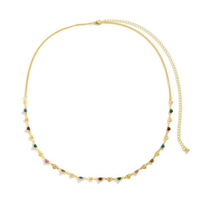 Goldene feine Modeschmuck Kette mit farbigen Steinen und Herz Symbolen 