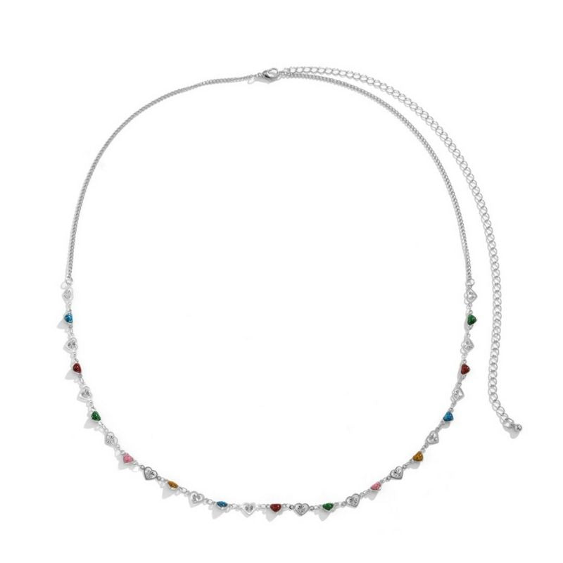 Silberne Modeschmuck Bauchkette mit Herz Symbolen und farbigen Steinen 