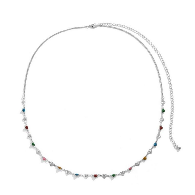 Silberne Modeschmuck Bauchkette mit Herz Symbolen und farbigen Steinen 