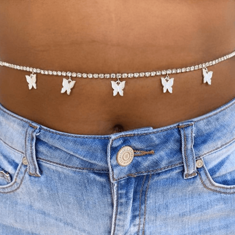 Bauchkette Bauchschmuck aus Glitzer Steinen und Schmetterling Anhängern
