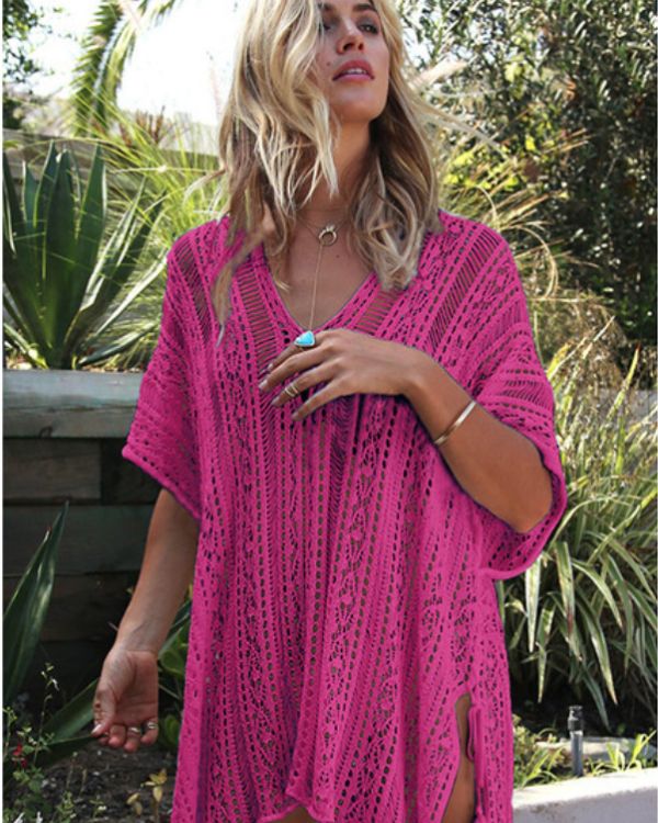 Beach Kleid Tunika Crochet Knitted Shirt Boho in pink rosa