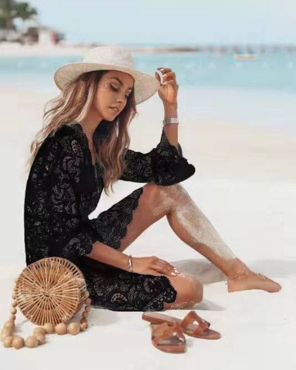 Boho Spitzen Strandkleid kurzes Kleid mit langen Aermeln