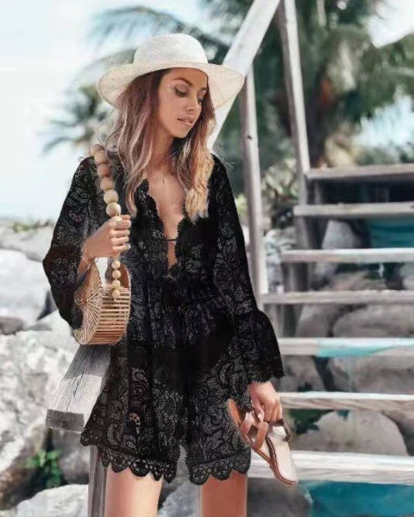 Damen Spitzen Boho Strand Beachkleid 