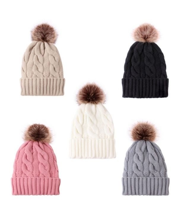 Strick Zopfmuster Wintermuetzen mit Fellbommel - Beanie in vielen Farben 