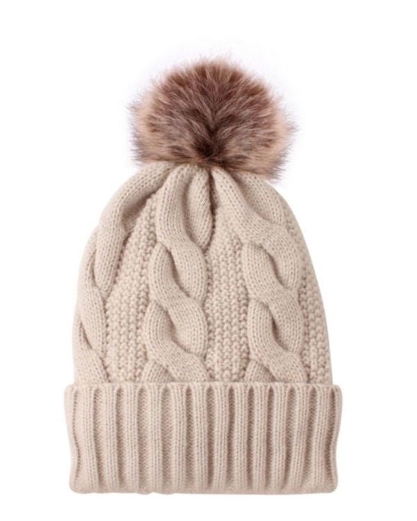 Beige Unisex Beanie Winter Muetze - Bommelmuetze mit Kunstfell Bommel - klassische Zopfmuster Wintermuetze 