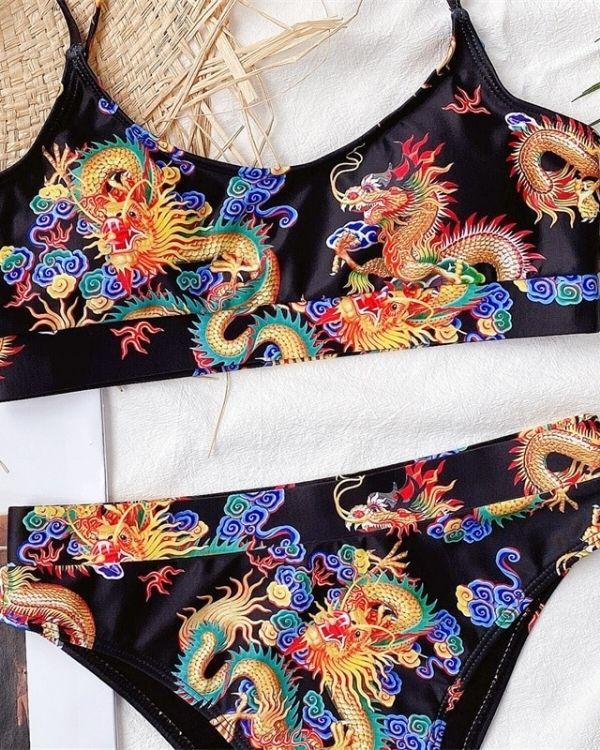 Schwarzes Bikini mit farbigen Drachen - Japanese Fashion Dragone Swimwear