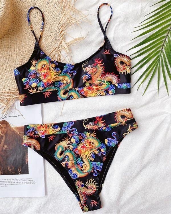 Bikini Bademode Schweiz - Bandeau Oberteil und brazilian Bikinihose - Dragon Japanese Style Fashion