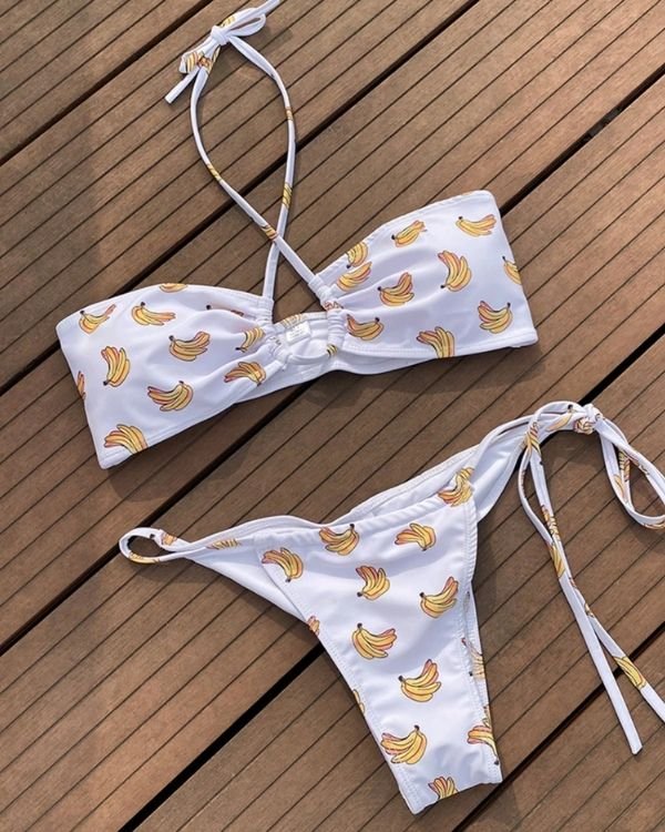Weisses Damen Bikini Set mit gelben Bananen - Bandeau Neckholder Bikini 