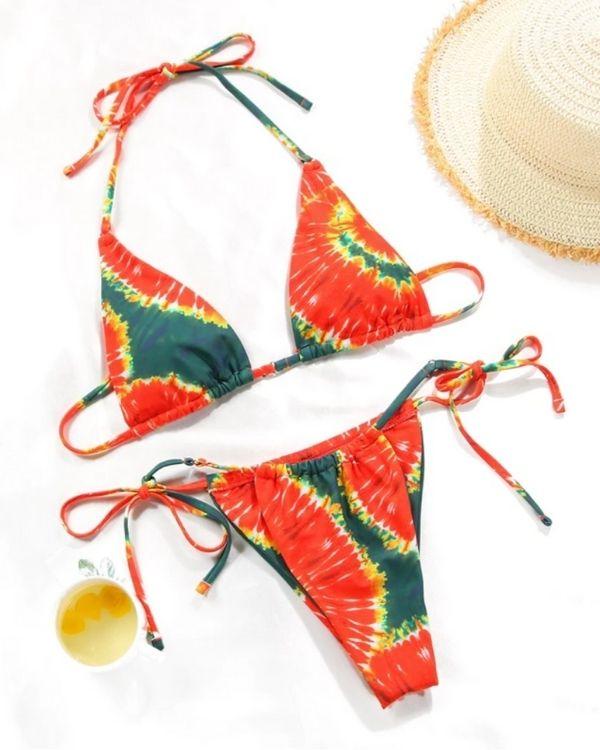 Boho Hippie Style Bikini in Rastafari Farben - Damen Bademode Triangel rot Batik