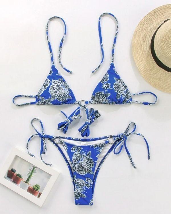 Blaues Bikini Bandage - Brazilian Bikinihose zum binden auf den Seiten - Triangel Bikini mit langer Schnurr 