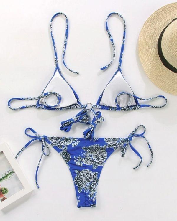 Bikini Bademode Set blau mit weissen Blumen und Bandage Schnurr zum binden