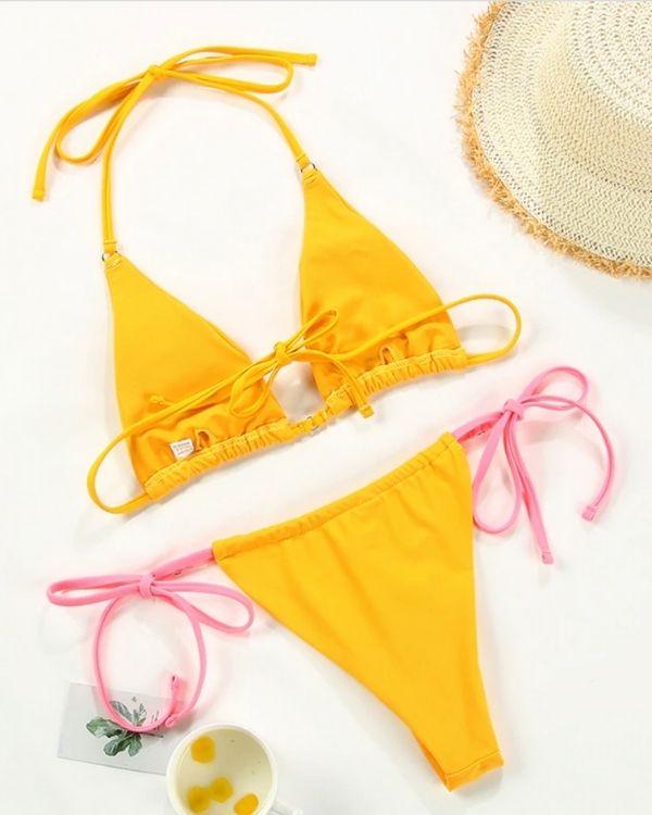 Gelbes Damen Bikini mit Rosa Details und Triangel Oberteil zum binden
