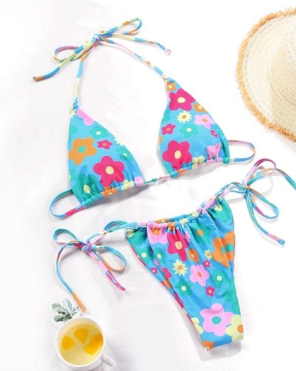 Blaues Vintage Retro Bikini Set Damen - Blumen Bikini Damen