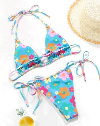 Blumen Bikini Vintage Retro Style mit farbigen Blumen Prints - Blaues Bikini Damen Triangel Oberteil