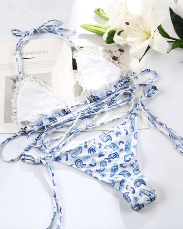 Eleganter Boho Bikini Damen weiss blau