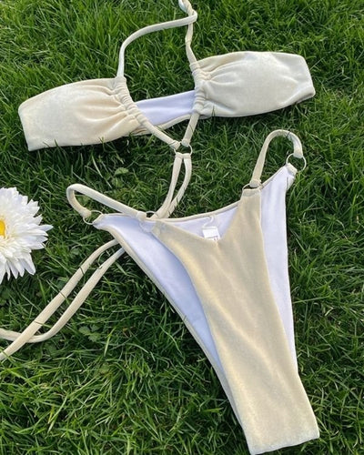 Beiges High-Waist Brazil Style Bikini Set aus velvet Samt Stoff 