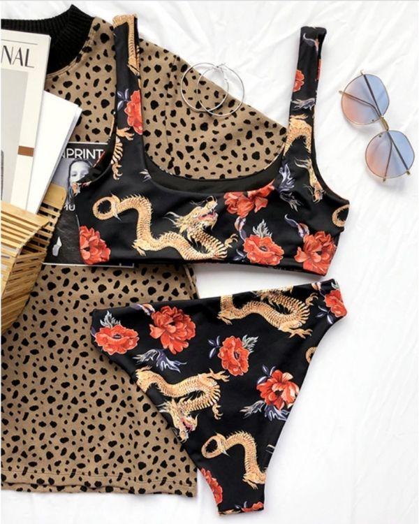 Drachen Dragon Bikini mit Rosen und japanischem Dragon - Bandeau Top und Bikinihose Set