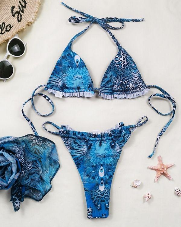 Blaues Bikini Bademode Triangel Oberteil und Bikini High-Waist Slip mit Mesh Wickelrock