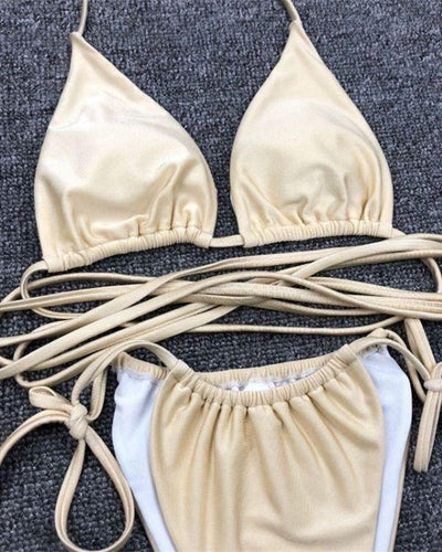 Beiges Wickel Bikini Crisscross Bademode Triangel Oberteil