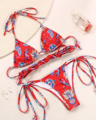 Rotes Triangel Paisley Bikini Set im Bandage Style zum binden 