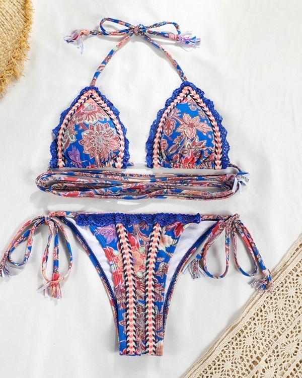 Boho Hippie Bikini Set mit Paisley Muster und Blumen - Ruffle Bikini Set Bademode Damen 