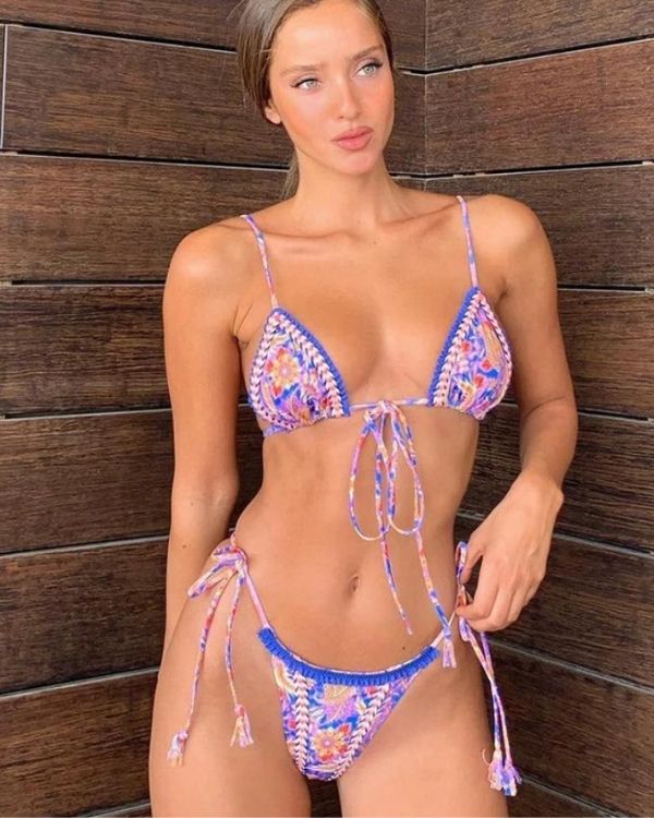Boho Paisley Bikini in blau mit Triangel und Brazilian Badehose zum binden 