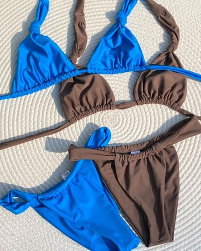 Blaues und braunes Triangel Brazilian High-Waist Bikini Set - Bademode Schweiz online kaufen 