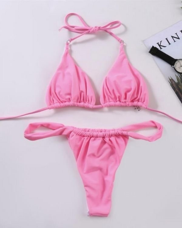 Rosa Pinkes Damen Bikini Triangel und High-Waist String Hose zum verstellen 