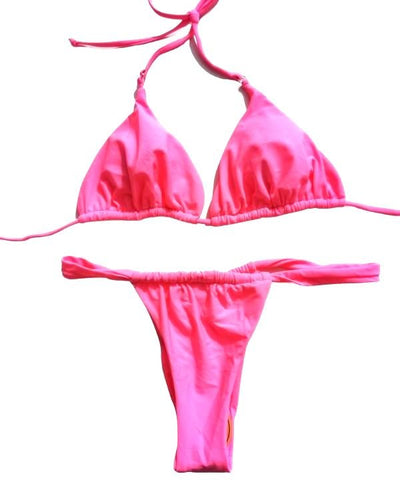 Pink Rosa Bikni Set aus Triangel und Bikinihose mit elastischen verstellbaren Baendern - High-Waist Bikini Set 