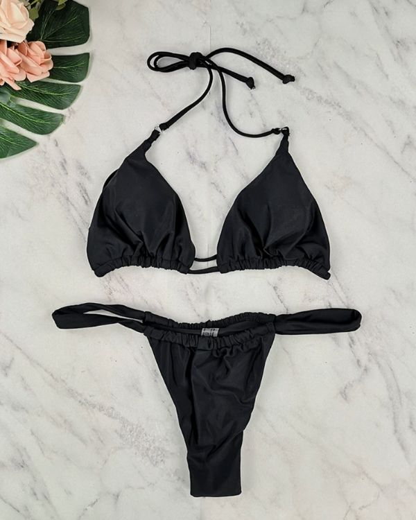 Schwarzes weiches Damen Bikini Triangel und String Tanga Brazilian Bikinihose High-Waist