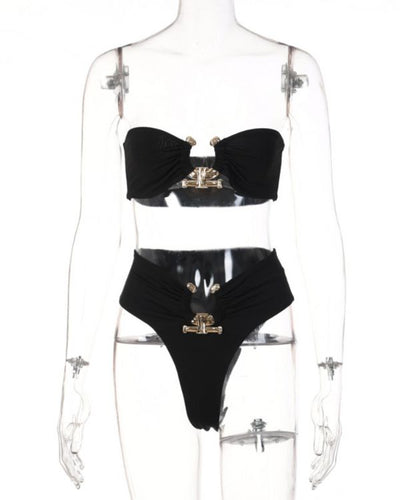 High-Waist Bikini Set aus Bandeau Brazilian Badehose mit goldenen Halb Kreis Dekoration