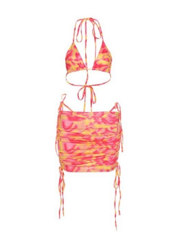 Orange Rotes Retro Vintage Bikini Damen Set - Mesh Minirock mir Ruffeld Effekt auf den Seiten und Triangel Bikinioberteil